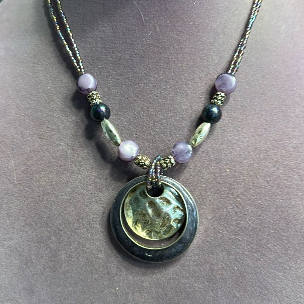 Laura Ashley vintage amulet saucer necklace Silvertone